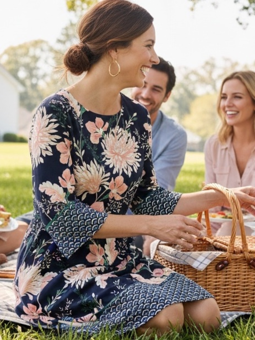 London Times Navy Dress with Peach and Green Floral Pattern